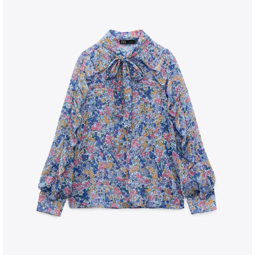 Zara Blue Floral Print Tie Neck Long Sleeve Sheer Blouse with Ruffles